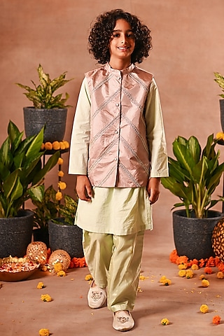 Peach Cotton Silk & Cotton Voile Nehru Jacket Set For Boys by MINI TRAILS