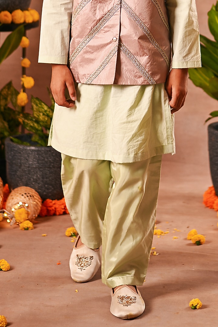 Peach Cotton Silk & Cotton Voile Nehru Jacket Set For Boys by MINI TRAILS at Pernia's Pop Up Shop