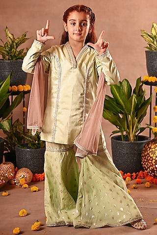 Green Silk & Cotton Silk Sharara Set For Girls by MINI TRAILS