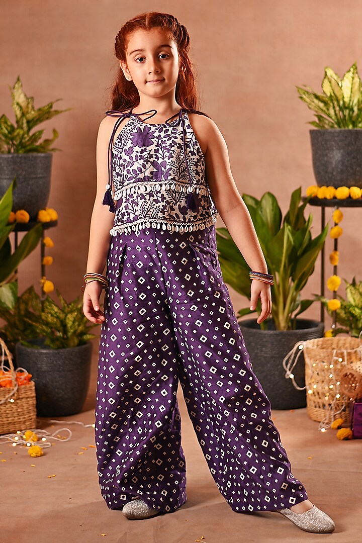 Purple Cotton Silk & Cotton Voile Palazzo Pant Set For Girls by MINI TRAILS