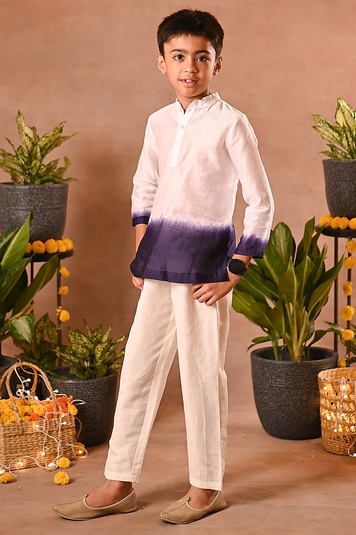 Purple & White Cotton Silk Tie-Dye Kurta Set For Boys by MINI TRAILS