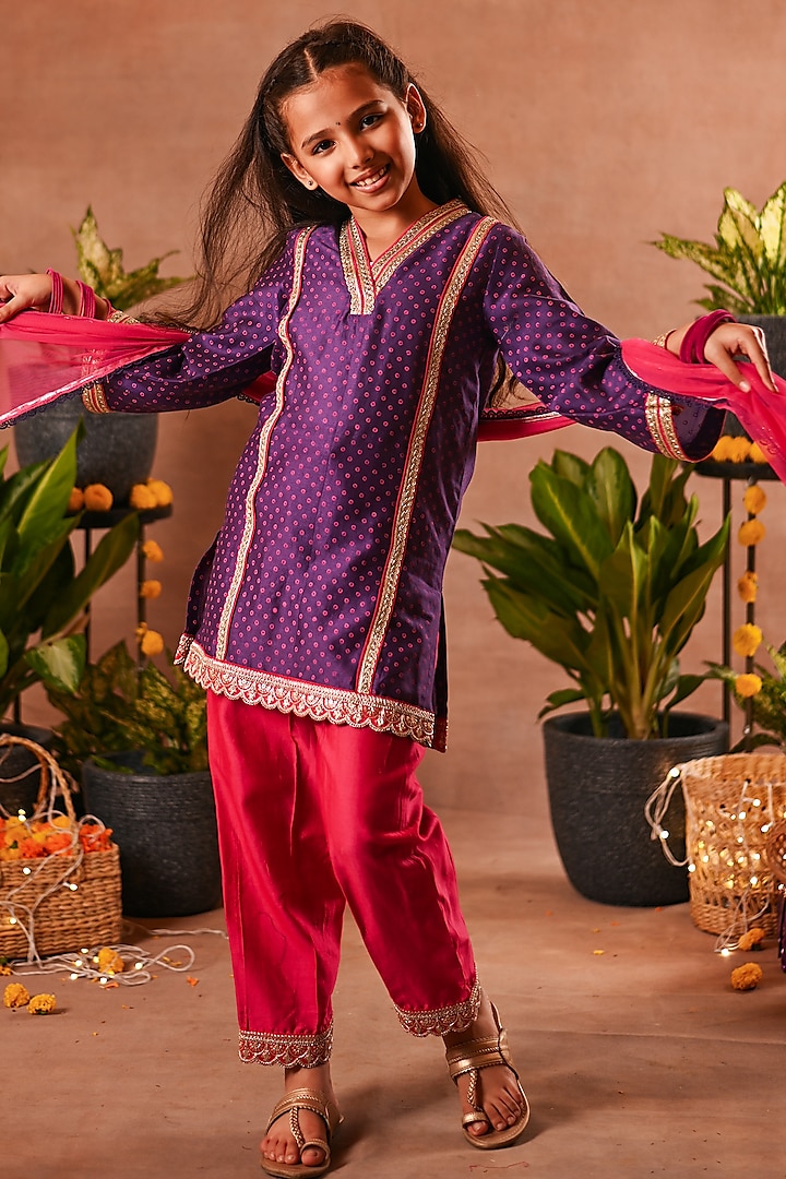 Purple Cotton Silk Printed Kurta Set For Girls by MINI TRAILS
