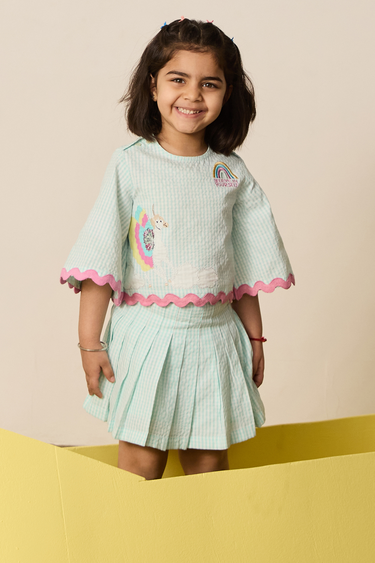 Sage Green Seersucker Co-Ord Set For Girls by MINI TRAILS at Pernia's Pop Up Shop