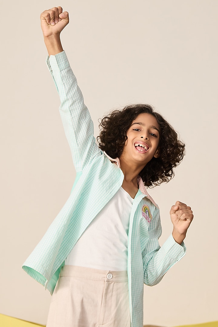 Sea Green Seersucker Applique Embroidered Shirt For Boys by MINI TRAILS at Pernia's Pop Up Shop