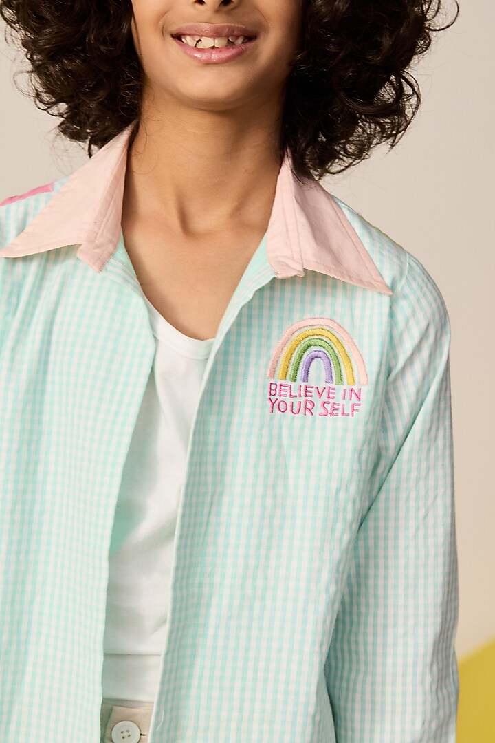 Sea Green Seersucker Applique Embroidered Shirt For Boys by MINI TRAILS at Pernia's Pop Up Shop