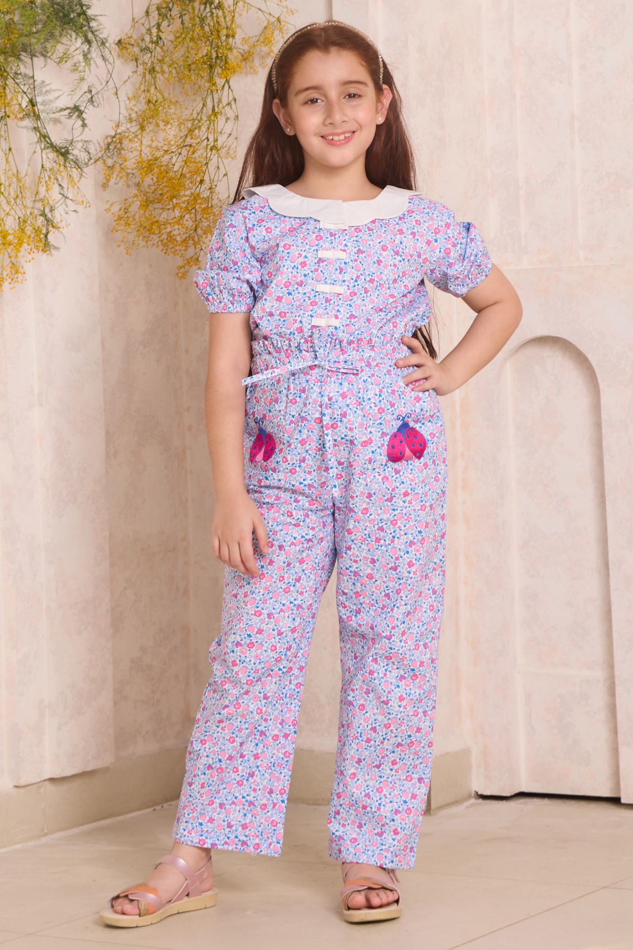 Blue Poplin Floral Printed & Embroidered Co-Ord Set For Girls by MINI TRAILS at Pernia's Pop Up Shop