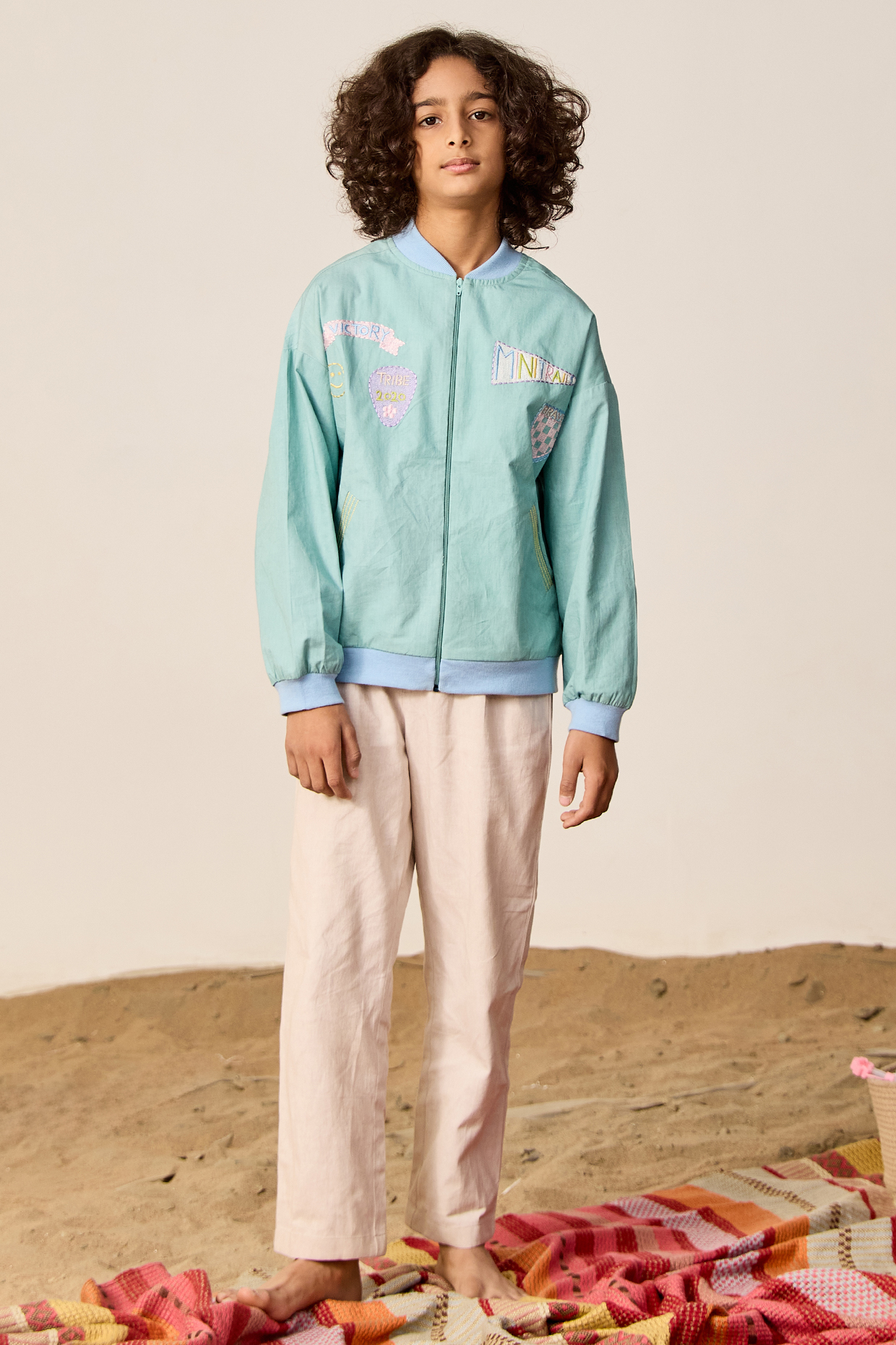 Green Poplin Embroidered Bomber Jacket For Boys by MINI TRAILS