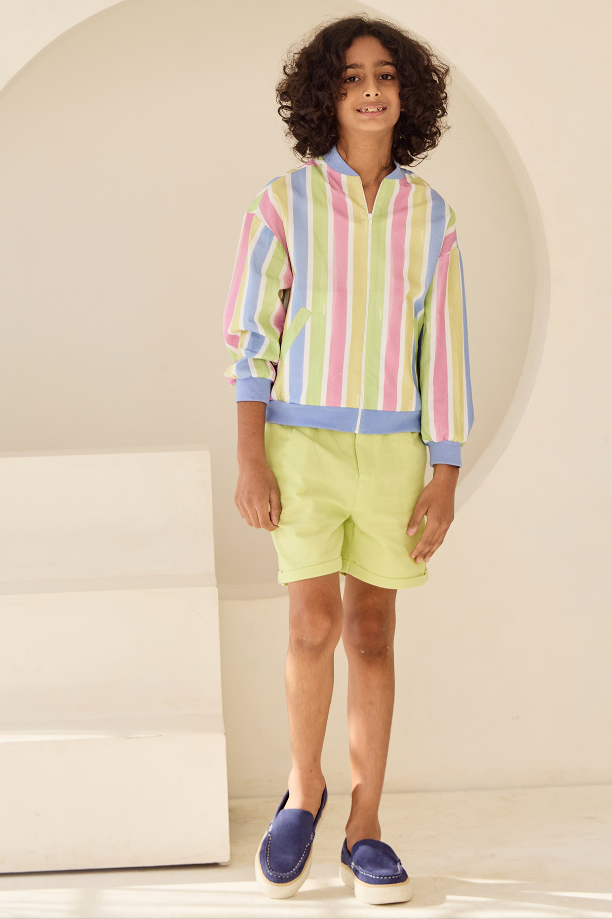 Multi-Colored Cambric & Tube Applique Embroidered Bomber Jacket For Boys by MINI TRAILS