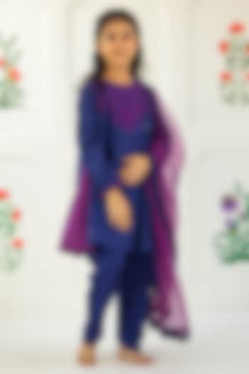 Purple Cotton Chanderi & Cotton Voile Embroidered Kurta Set For Girls by MINI TRAILS at Pernia's Pop Up Shop