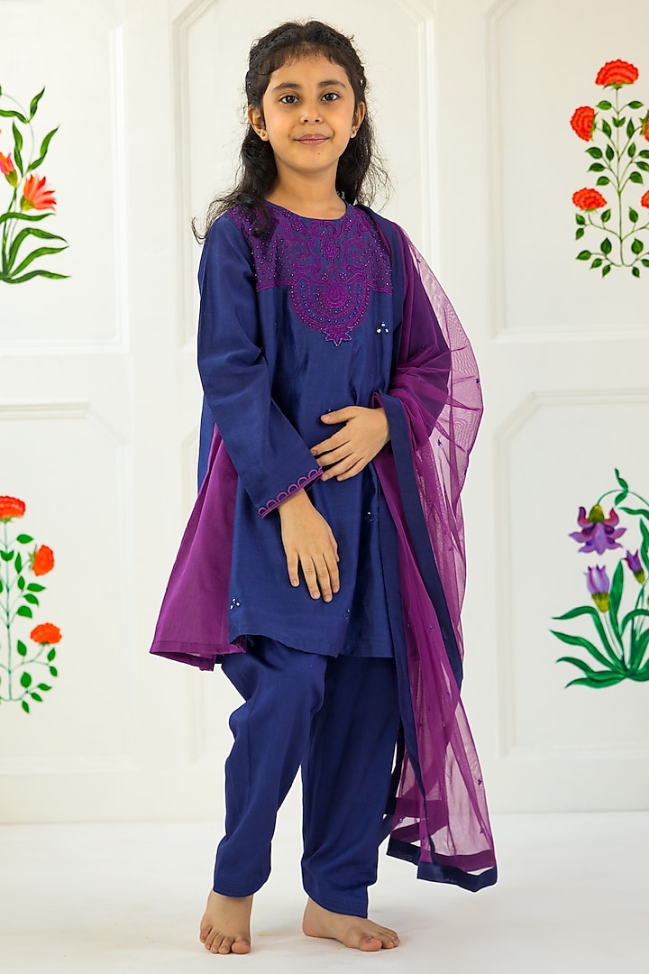 Purple Cotton Chanderi & Cotton Voile Embroidered Kurta Set For Girls by MINI TRAILS at Pernia's Pop Up Shop