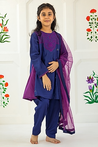 Purple Cotton Chanderi & Cotton Voile Embroidered Kurta Set For Girls by MINI TRAILS