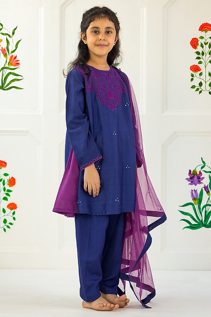 Purple Cotton Chanderi & Cotton Voile Embroidered Kurta Set For Girls by MINI TRAILS at Pernia's Pop Up Shop