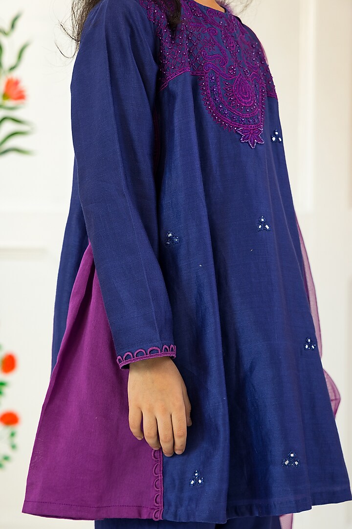 Purple Cotton Chanderi & Cotton Voile Embroidered Kurta Set For Girls by MINI TRAILS at Pernia's Pop Up Shop