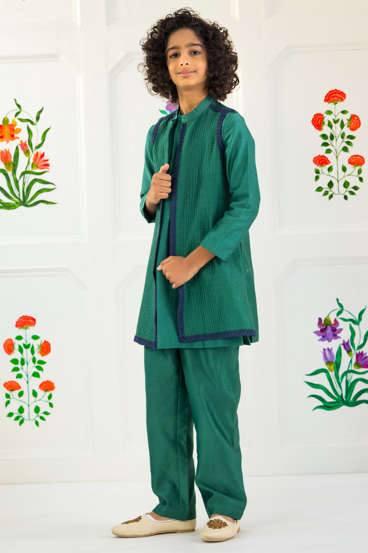 Green Cotton Chanderi & Cotton Voile Long Jacket Set For Boys by MINI TRAILS