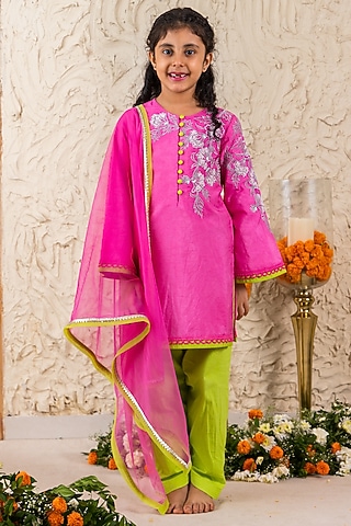 Pink Silk & Glace Cotton Bead Embroidered Kurta Set For Girls by MINI TRAILS