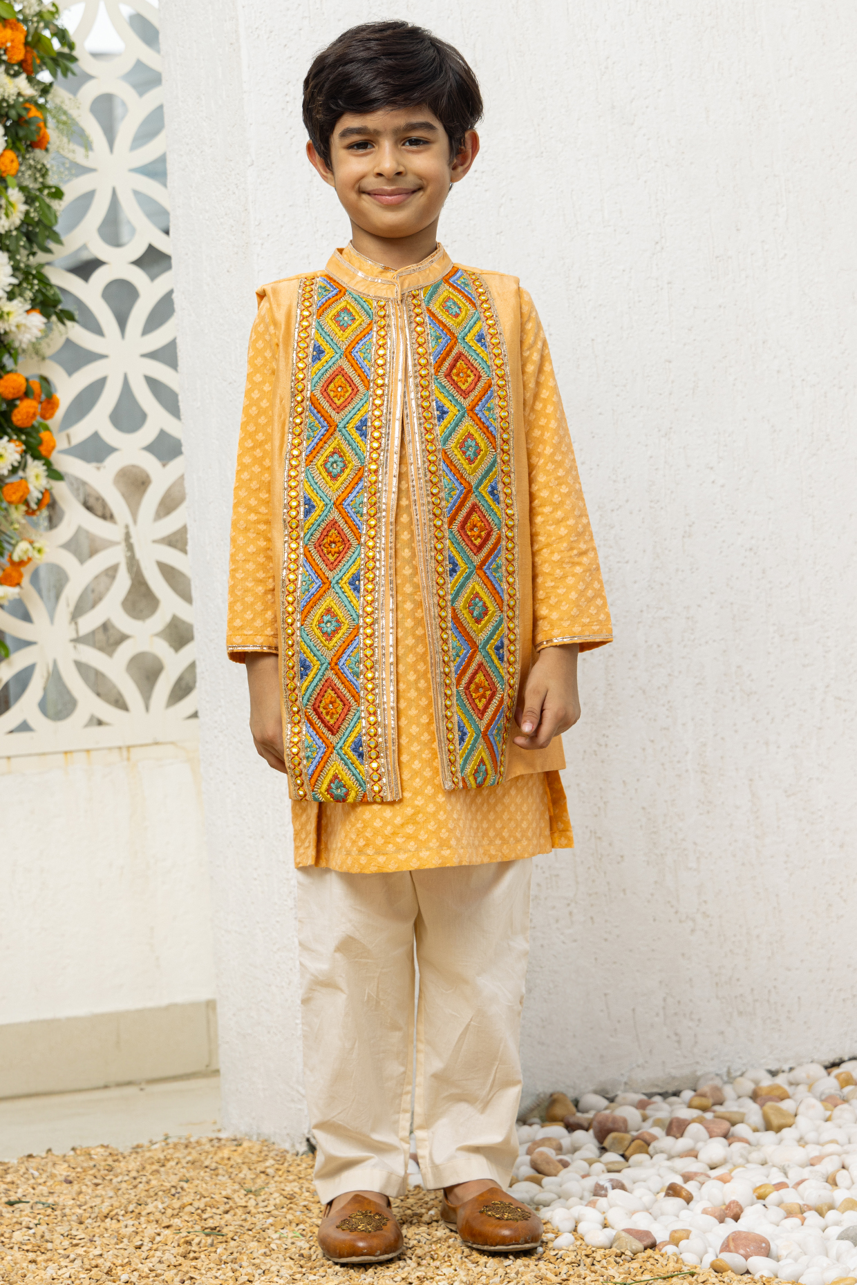 Orange & White Cotton Chanderi Printed Waistcoat For Boys by MINI TRAILS