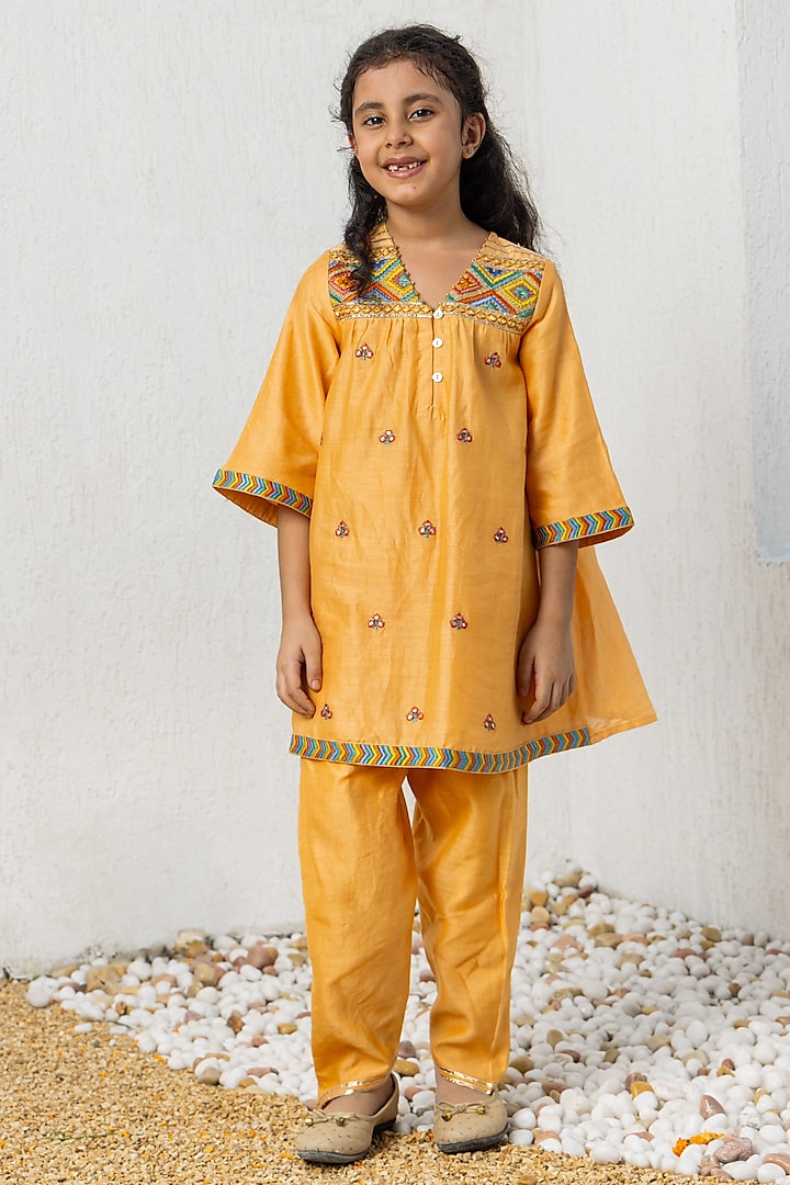 Orange Cotton Chanderi & Cotton Voile Embroidered Kurta Set For Girls by MINI TRAILS at Pernia's Pop Up Shop