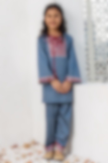 Blue Glace Cotton & Cotton Voile Embroidered Kurta Set For Girls by MINI TRAILS at Pernia's Pop Up Shop