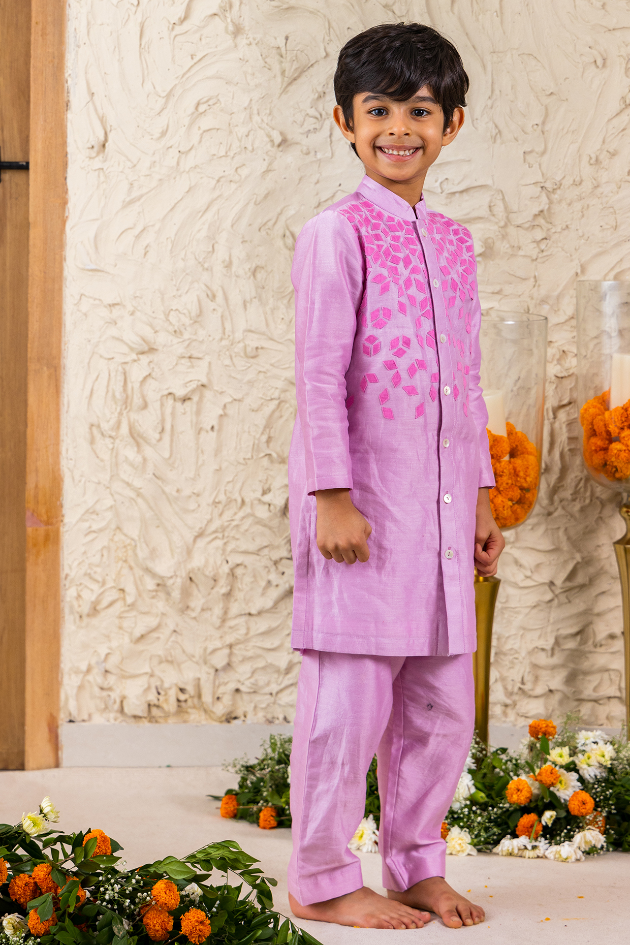 Lilac Cotton Chanderi & Cotton Voile Patchwork Kurta Set For Boys by MINI TRAILS