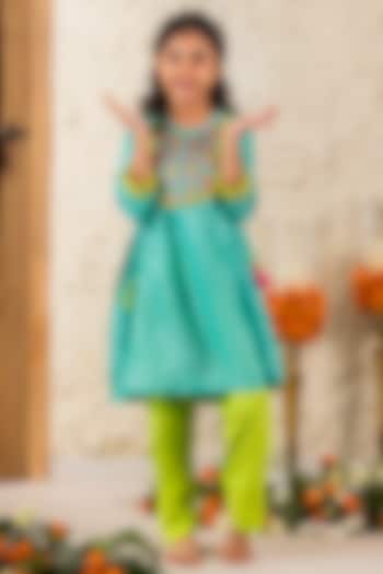 Sky Blue & Leaf Green Chanderi Cotton Embroidered Kurta Set For Girls by MINI TRAILS at Pernia's Pop Up Shop