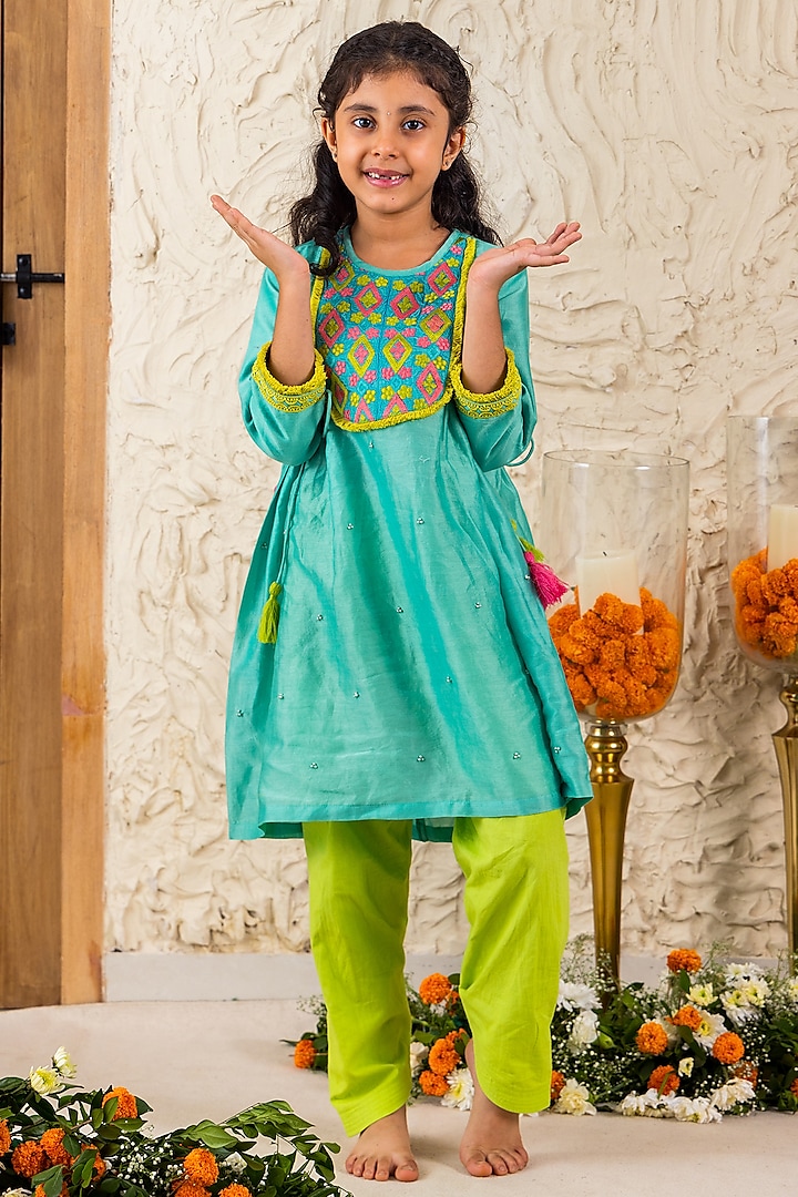 Sky Blue & Leaf Green Chanderi Cotton Embroidered Kurta Set For Girls by MINI TRAILS at Pernia's Pop Up Shop