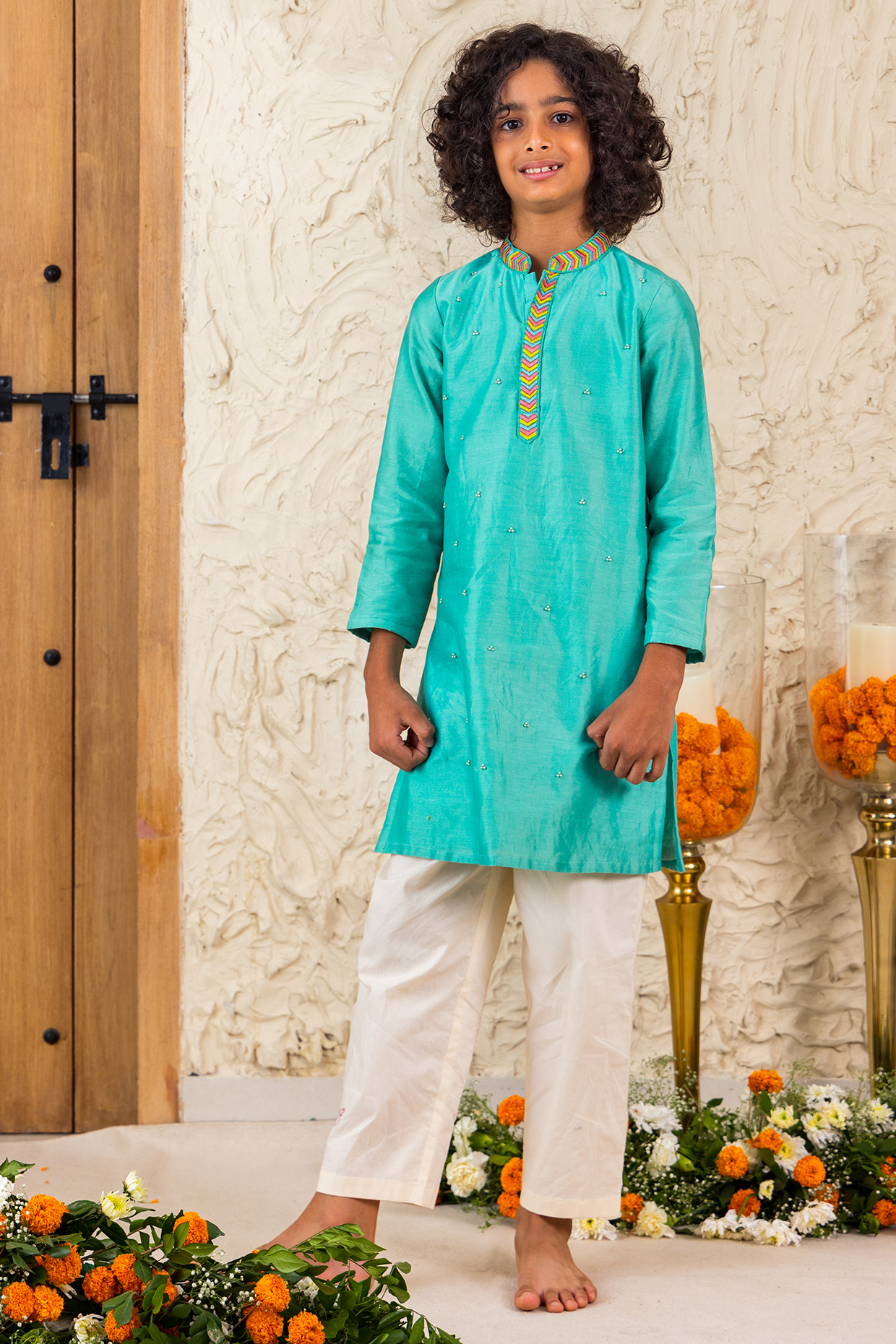 Sky Blue & White Cotton Chanderi Kurta Set For Boys by MINI TRAILS