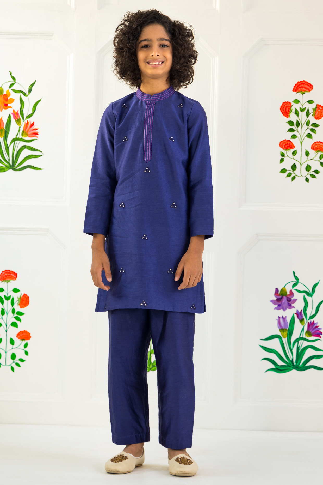 Navy Blue Cotton Chanderi & Cotton Voile Embellished Kurta Set For Boys by MINI TRAILS
