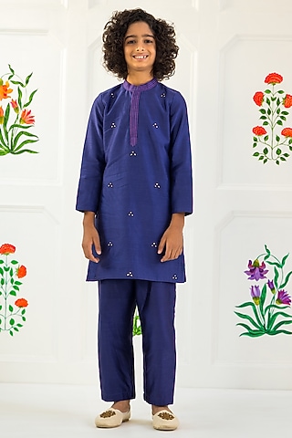 Navy Blue Cotton Chanderi & Cotton Voile Embellished Kurta Set For Boys by MINI TRAILS