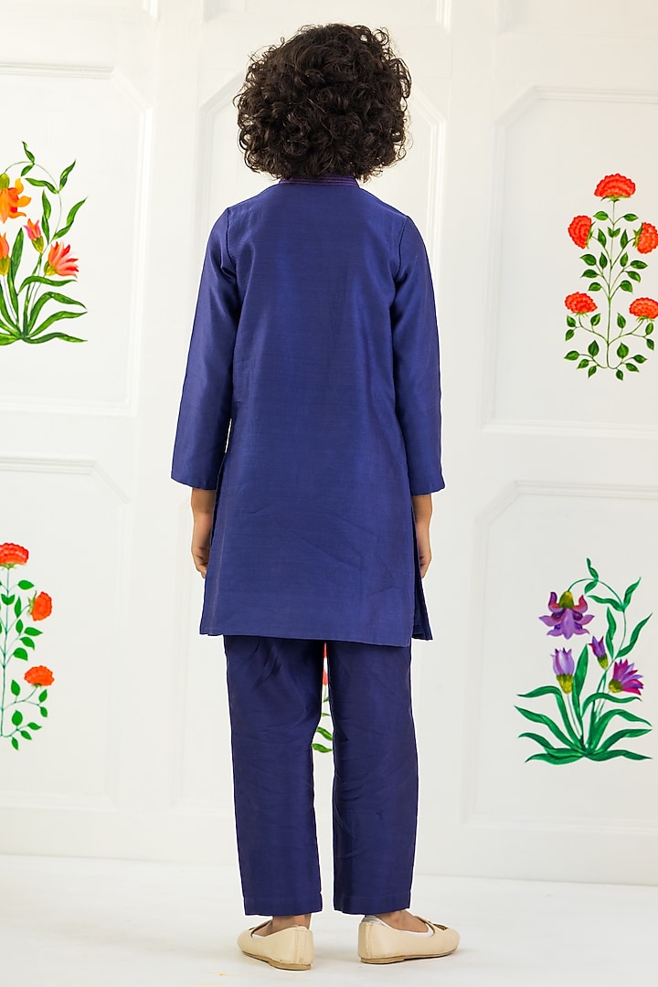 Navy Blue Cotton Chanderi & Cotton Voile Embellished Kurta Set For Boys by MINI TRAILS at Pernia's Pop Up Shop