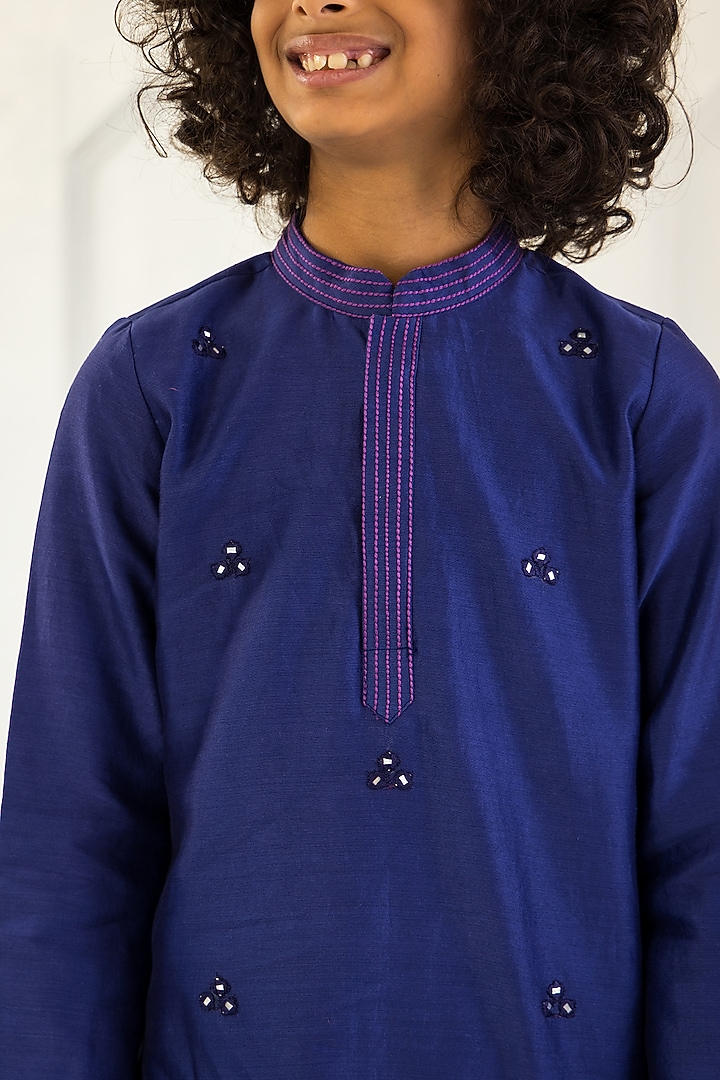 Navy Blue Cotton Chanderi & Cotton Voile Embellished Kurta Set For Boys by MINI TRAILS at Pernia's Pop Up Shop