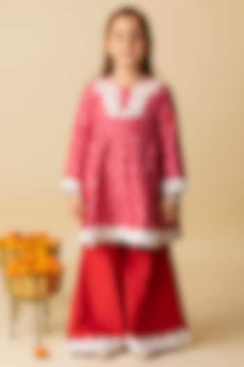 Red Cotton Silk & Cotton Voile Sharara Set For Girls by MINI TRAILS