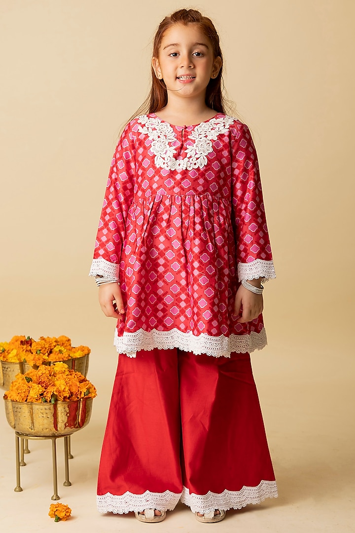 Red Cotton Silk & Cotton Voile Sharara Set For Girls by MINI TRAILS