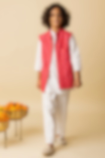Red Cotton Silk & Cotton Voile Nehru Jacket Set For Boys by MINI TRAILS