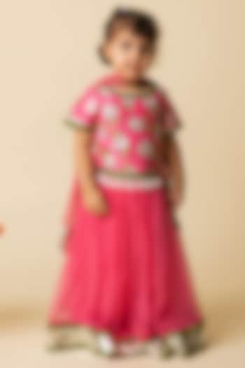 Pink Tulle Printed Lehenga Set For Girls by MINI TRAILS