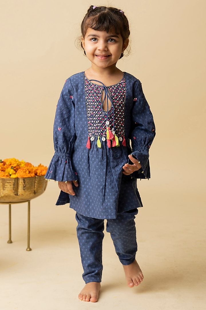 Blue Cotton Silk & Cotton Voile Embroidered Kurta Set For Girls by MINI TRAILS
