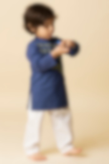 Blue Cotton Silk & Cotton Voile Embroidered Kurta Set For Boys by MINI TRAILS