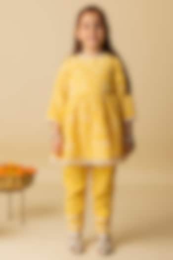 Yellow Cotton Silk & Cotton Voile Embroidered Anarkali Set For Girls by MINI TRAILS