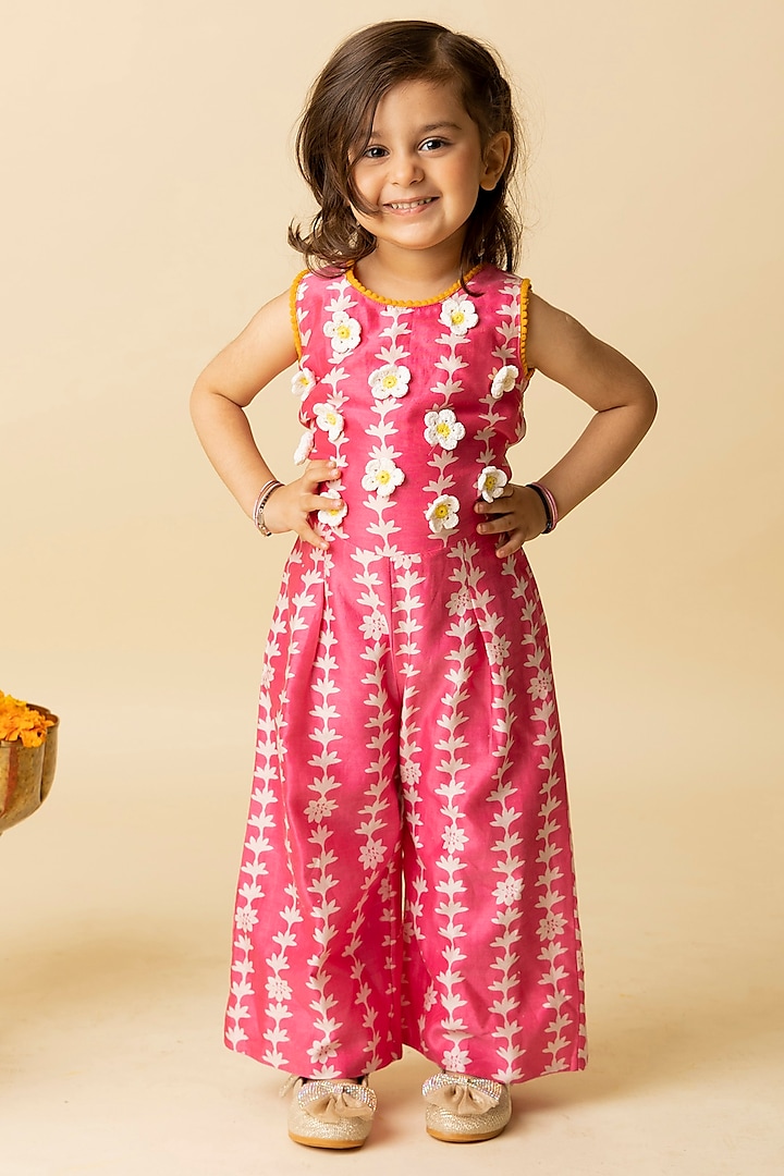 Pink Cotton Silk & Cotton Voile Embroidered Jumpsuit For Girls by MINI TRAILS