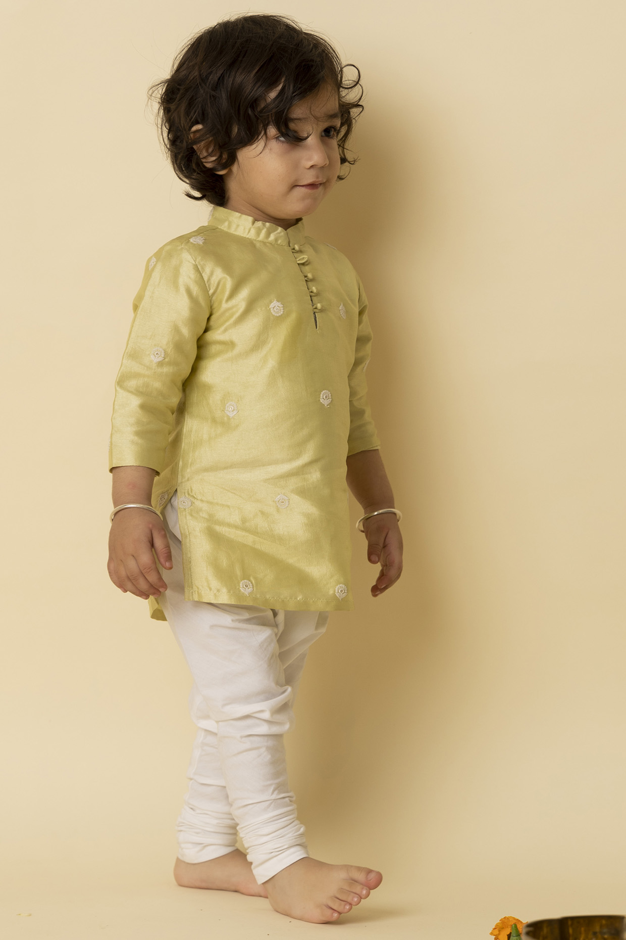 Apple Green Cotton Silk & Cotton Voile Embroidered Kurta Set For Boys by MINI TRAILS