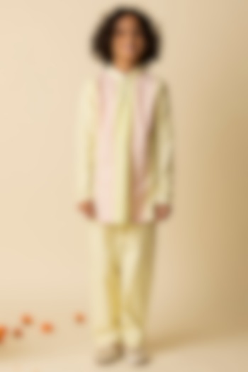 Pastel Yellow Silk Cotton & Cotton Voile Striped Kurta Set For Boys by MINI TRAILS