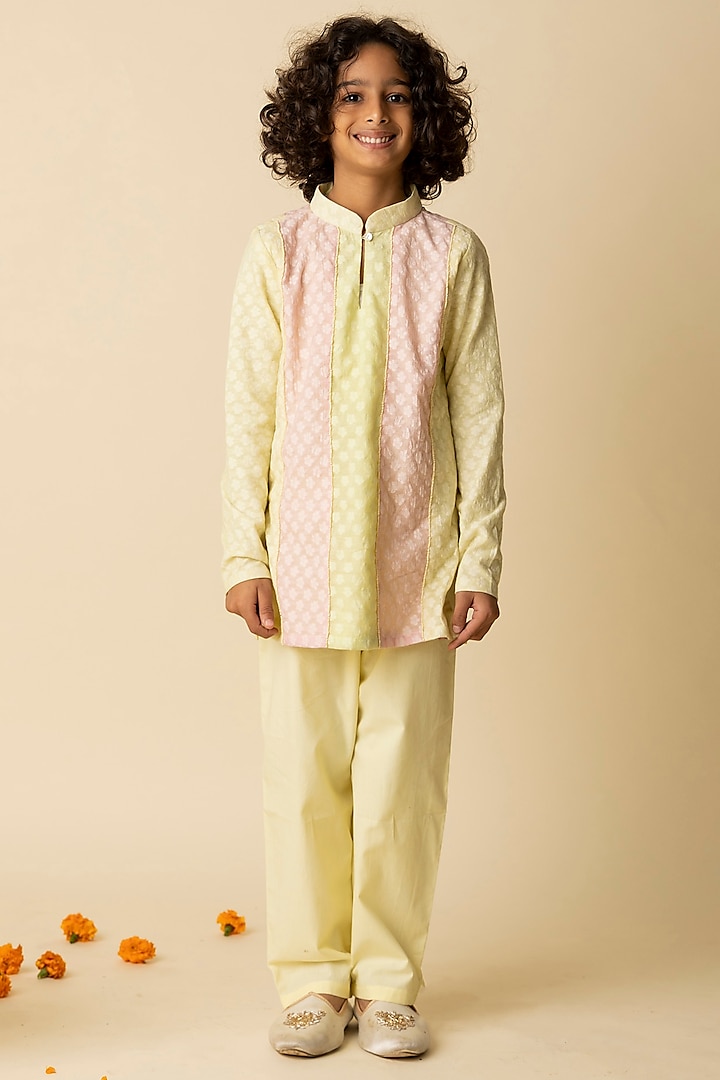 Pastel Yellow Silk Cotton & Cotton Voile Striped Kurta Set For Boys by MINI TRAILS