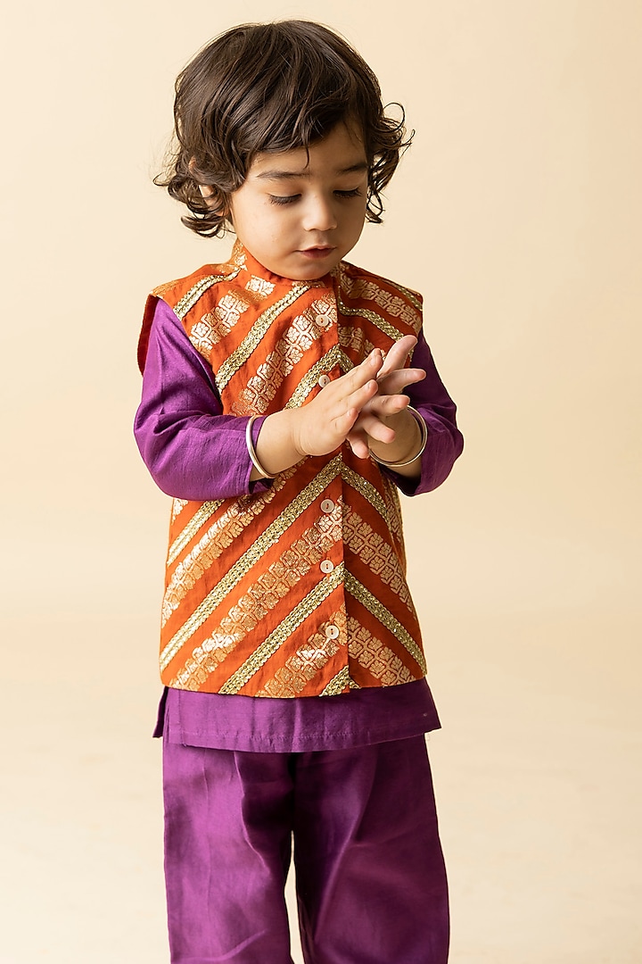 Orange Cotton Silk & Cotton Voile Embroidered Nehru Jacket Set For Boys by MINI TRAILS