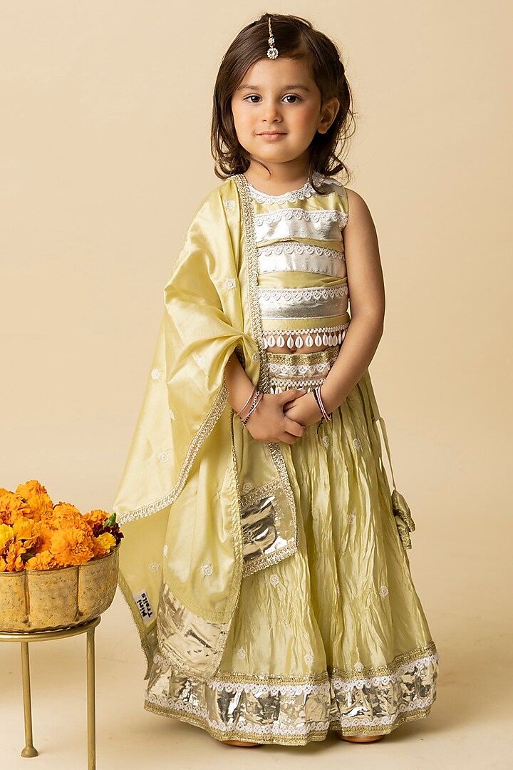 Apple Green Silk & Cotton Voile Embroidered Lehenga Set For Girls by MINI TRAILS