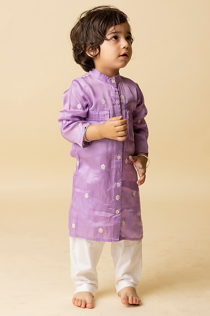 Purple Modal Satin & Cotton Voile Kurta Set For Boys by MINI TRAILS