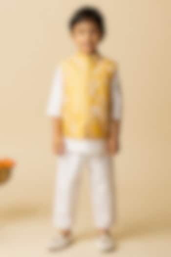 Yellow Silk & Cotton Voile Embroidered Nehru Jacket Set For Boys by MINI TRAILS