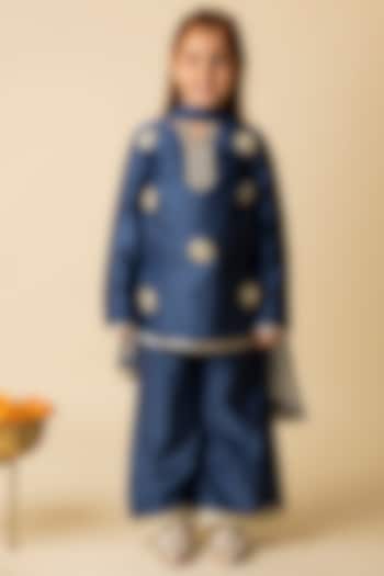 Navy Blue Cotton Silk & Cotton Voile Kurta Set For Girls by MINI TRAILS