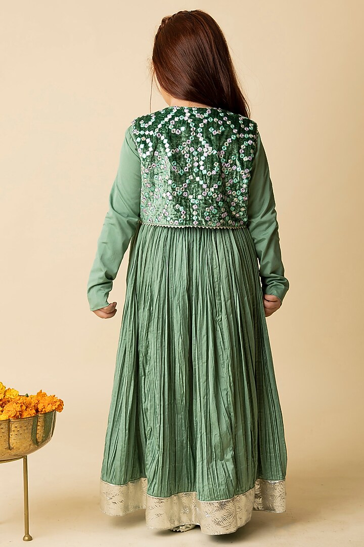 Green Silk Crepe & Cotton Voile Embroidered Jacket Anarkali Set For Girls by MINI TRAILS at Pernia's Pop Up Shop