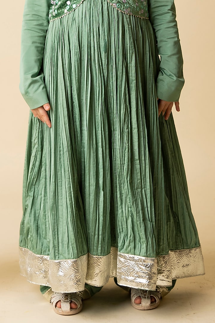 Green Silk Crepe & Cotton Voile Embroidered Jacket Anarkali Set For Girls by MINI TRAILS at Pernia's Pop Up Shop