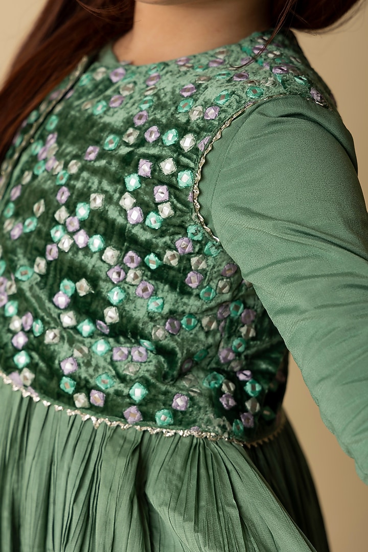 Green Silk Crepe & Cotton Voile Embroidered Jacket Anarkali Set For Girls by MINI TRAILS at Pernia's Pop Up Shop