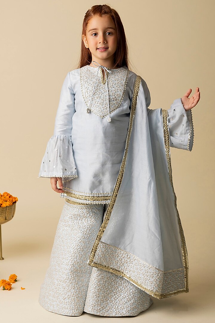 Ice Blue Silk Chanderi & Cotton Voile Sharara Set For Girls by MINI TRAILS